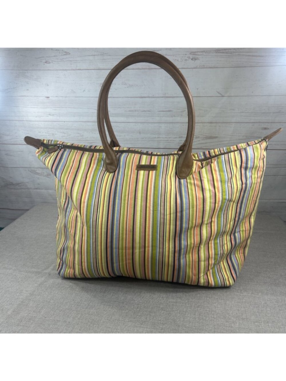 LONGABERGER Multicolor Blue Yellow Brown Stripe Weekender Tote Bag 17”x 13” - Picture 3 of 9